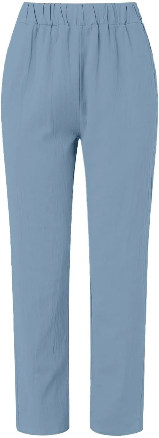 2025 Linen Pants Women Summer Casual Side Button Down Baggy Pants Elastic High Waist Tapered Wide Leg Pants w/Pockets