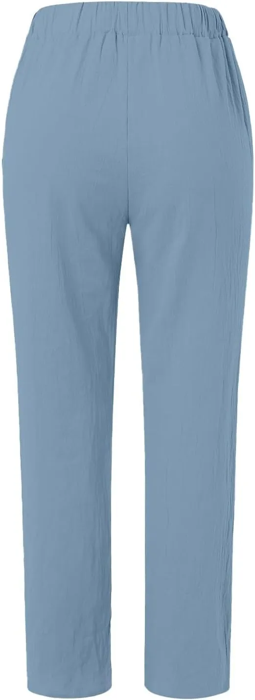 2025 Linen Pants Women Summer Casual Side Button Down Baggy Pants Elastic High Waist Tapered Wide Leg Pants w/Pockets