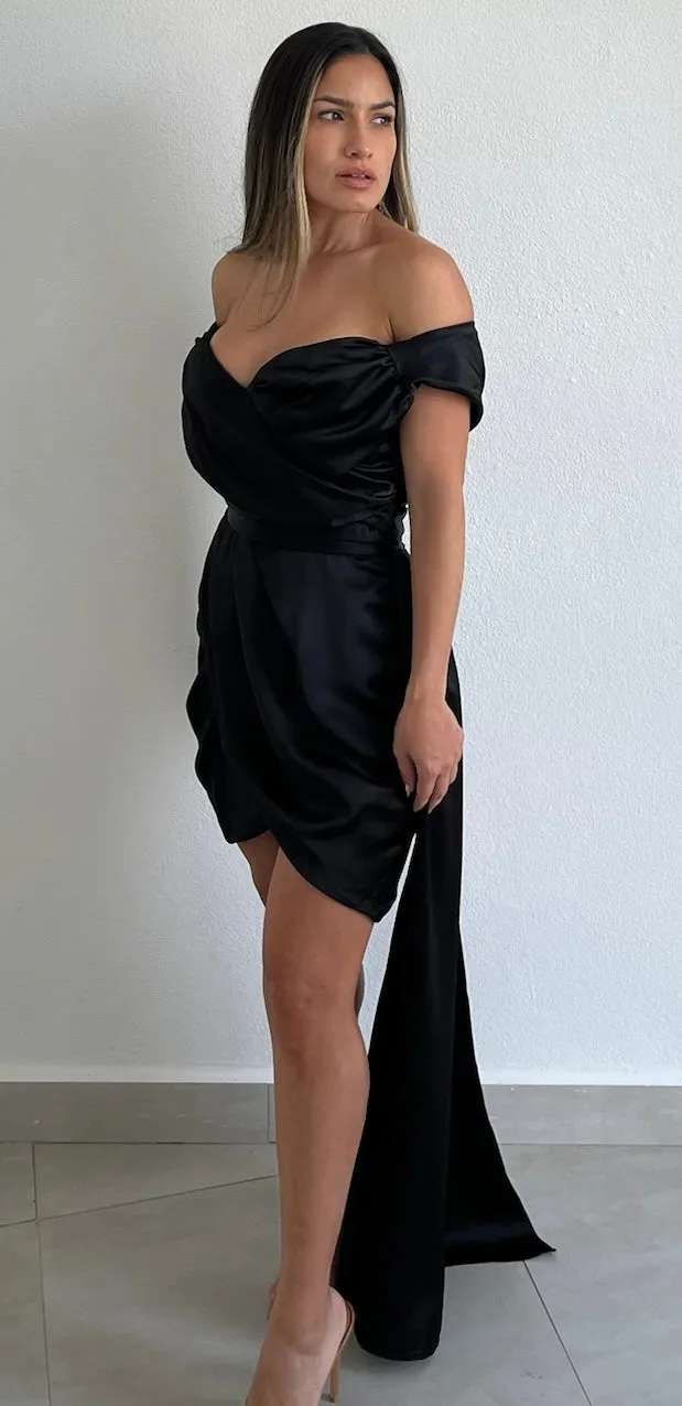 Always Celebrating Black Off-Shoulder Satin Dress