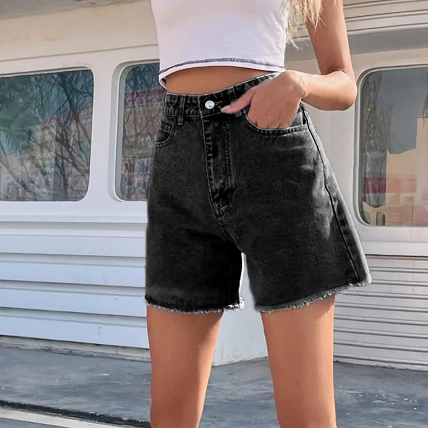 Bermuda Jean Shorts for Women High Waisted Trendy Stretchy Long Denim Shorts Straight Leg Cutoff Casual Pants w/Pocket