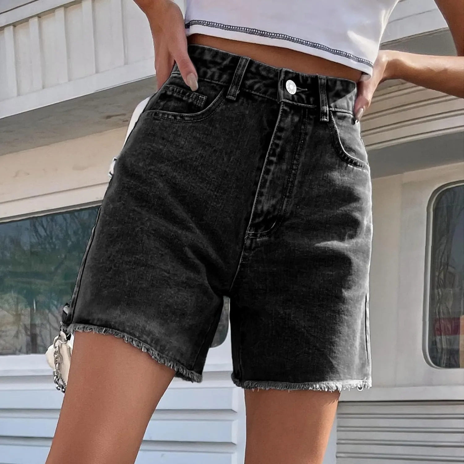Bermuda Jean Shorts for Women High Waisted Trendy Stretchy Long Denim Shorts Straight Leg Cutoff Casual Pants w/Pocket