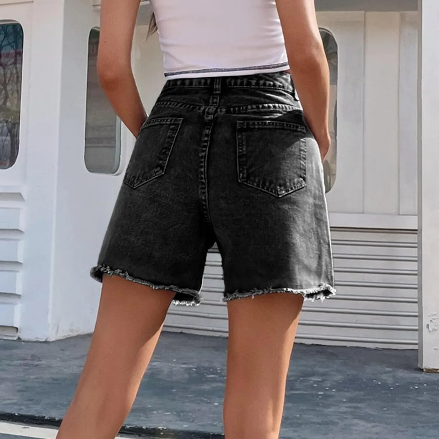 Bermuda Jean Shorts for Women High Waisted Trendy Stretchy Long Denim Shorts Straight Leg Cutoff Casual Pants w/Pocket
