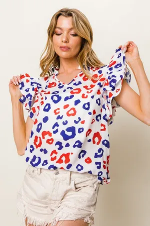 BiBi Leopard Notched Ruffled Cap Sleeve Blouse