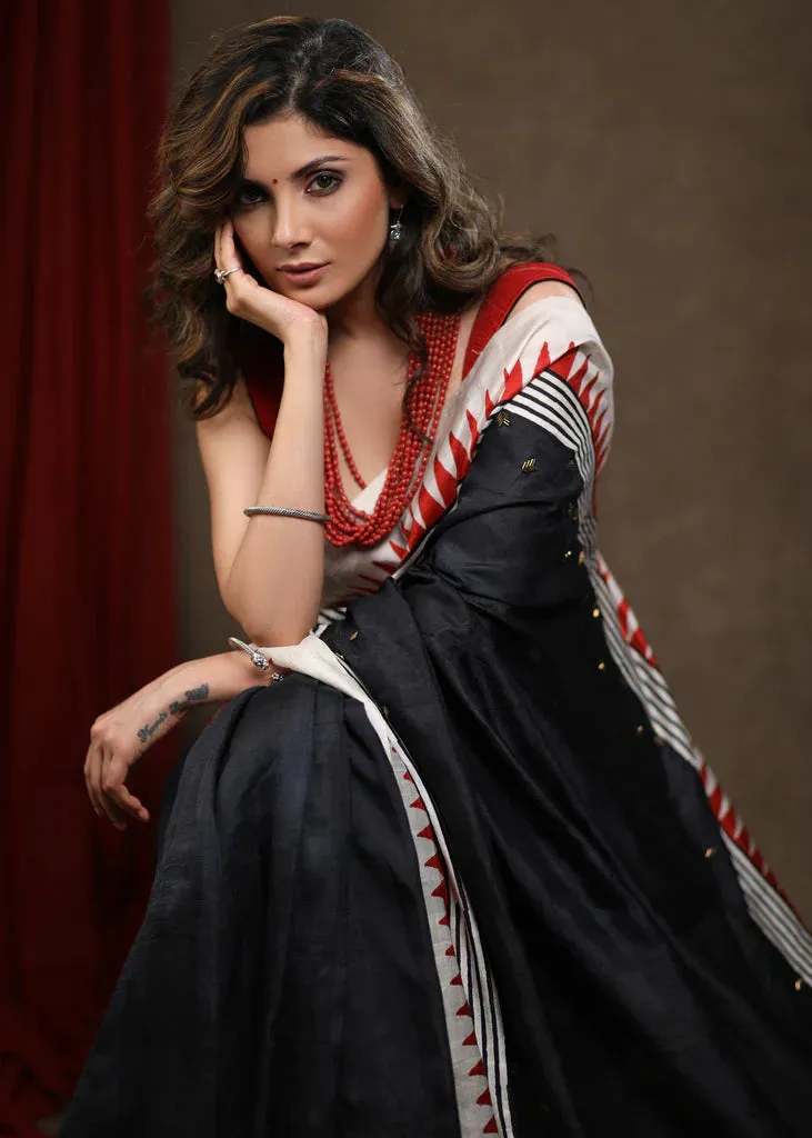 BLACK PURE SILK TEMPLE BORDER SAREE WITH HAND EMBROIDERY
