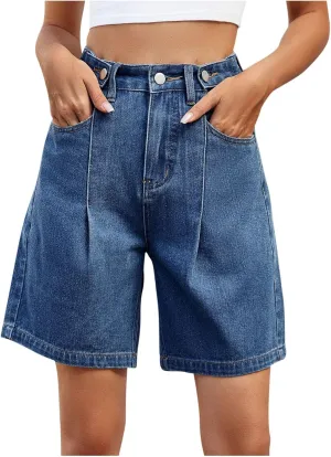 Borniu Jean Shorts for Women Trendy High Waisted Stretchy Denim Summer Casual Long Shorts Fashion Solid Color Y2K Jeans