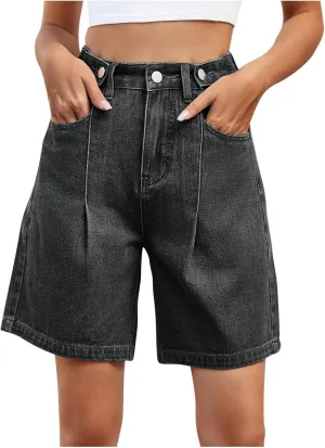 Borniu Jean Shorts for Women Trendy High Waisted Stretchy Denim Summer Casual Long Shorts Fashion Solid Color Y2K Jeans