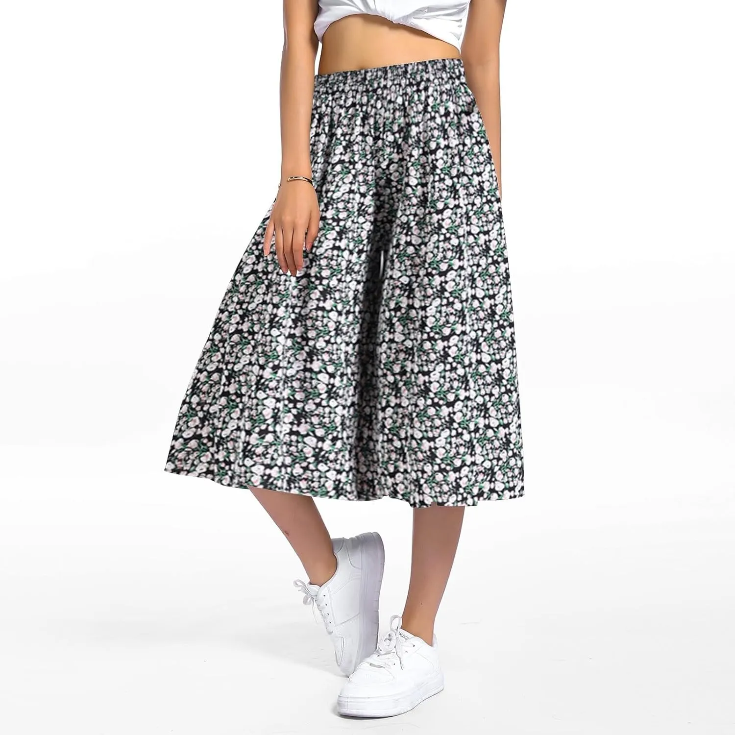 Casual Dress Pants for Women Loose Fit High Waisted Floral Print Pant Wide Leg Elastic Waist Trousers with Pockets