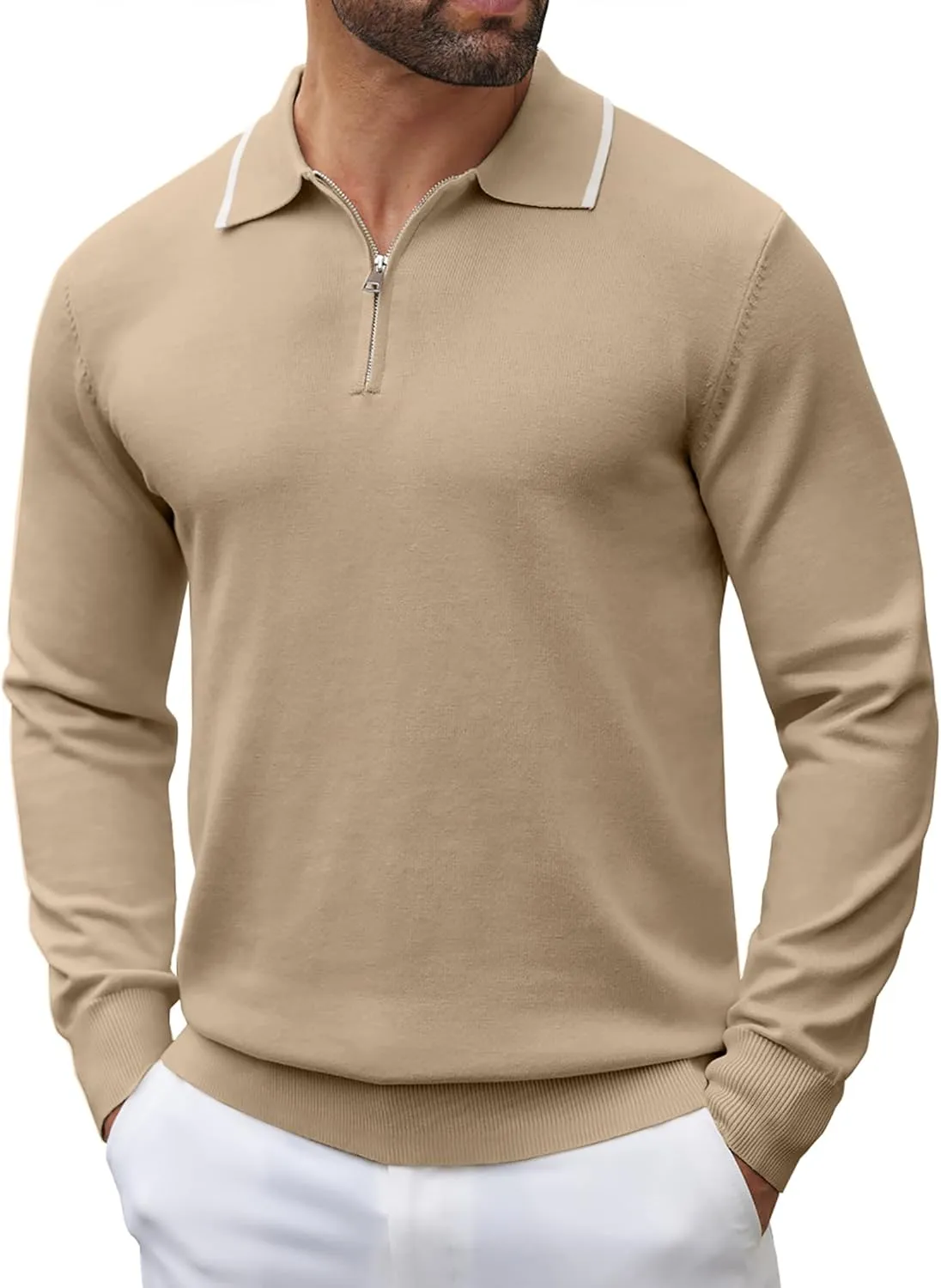 COOFANDY Men's Knit Polo Shirt Long Sleeve Quarter Zip Polo Sweater Casual Golf Shirts Vintage Striped Collar Polo