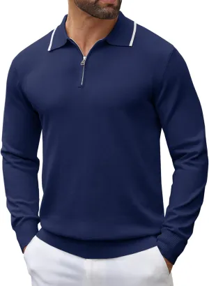 COOFANDY Men's Knit Polo Shirt Long Sleeve Quarter Zip Polo Sweater Casual Golf Shirts Vintage Striped Collar Polo
