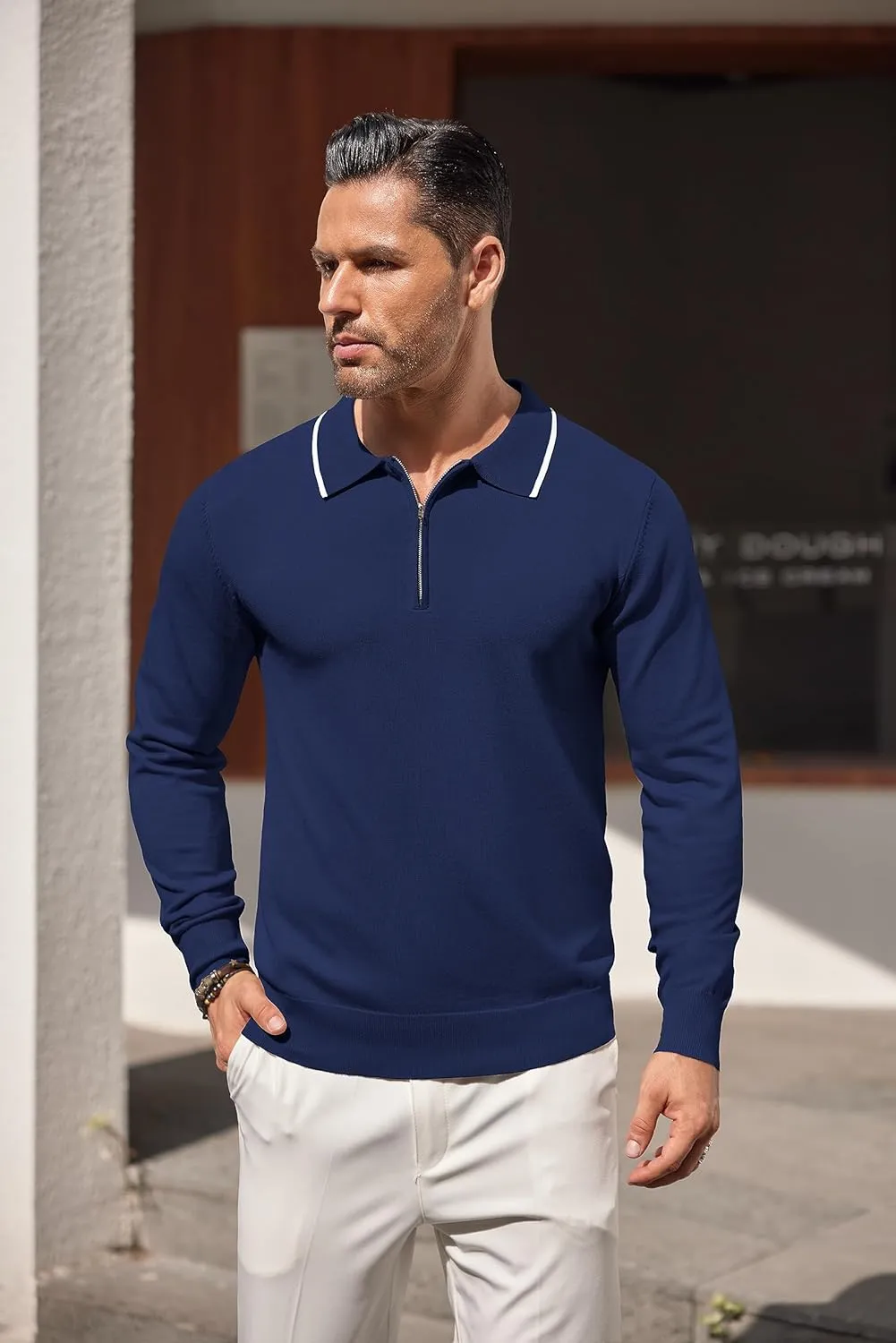 COOFANDY Men's Knit Polo Shirt Long Sleeve Quarter Zip Polo Sweater Casual Golf Shirts Vintage Striped Collar Polo