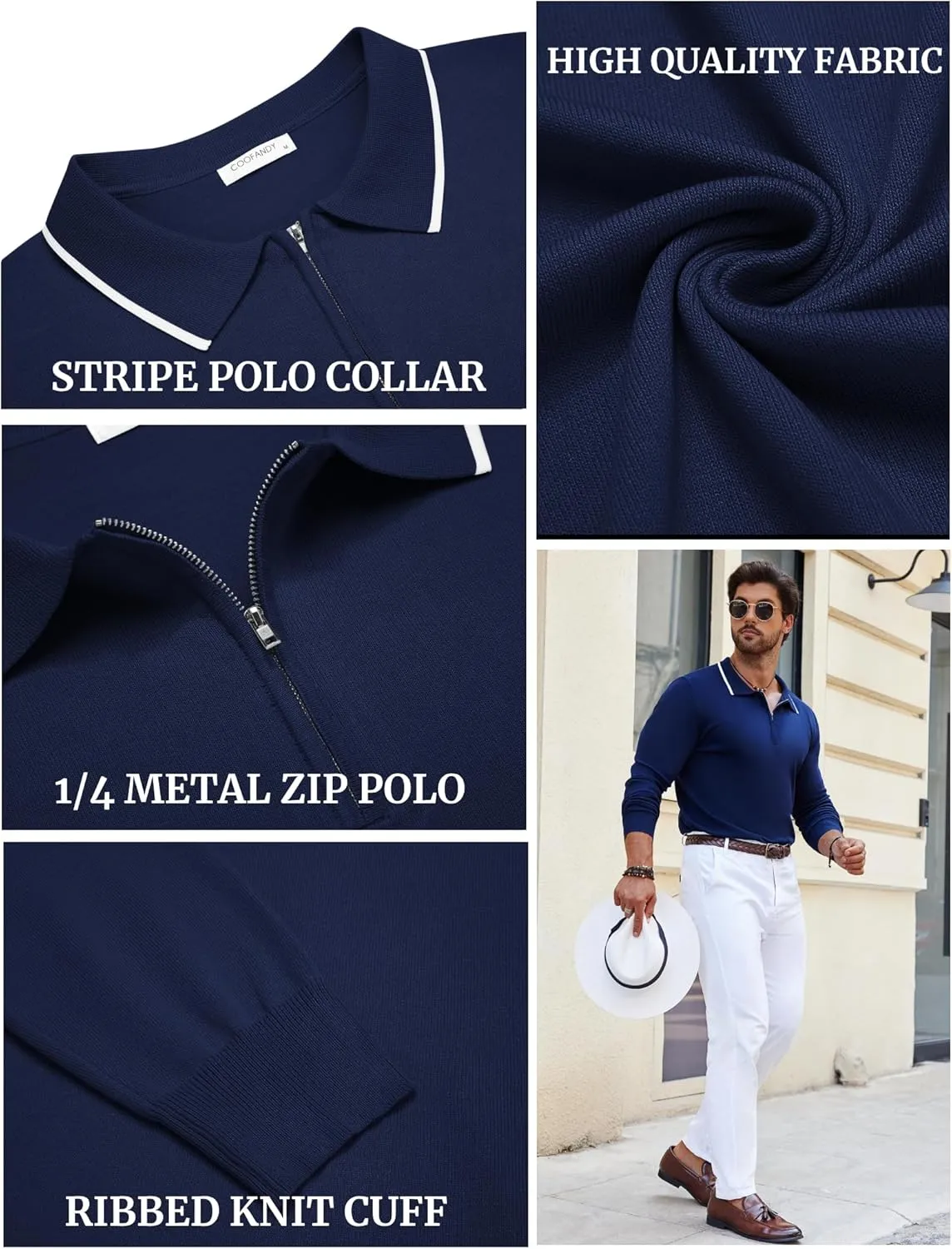 COOFANDY Men's Knit Polo Shirt Long Sleeve Quarter Zip Polo Sweater Casual Golf Shirts Vintage Striped Collar Polo