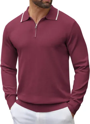 COOFANDY Men's Knit Polo Shirt Long Sleeve Quarter Zip Polo Sweater Casual Golf Shirts Vintage Striped Collar Polo