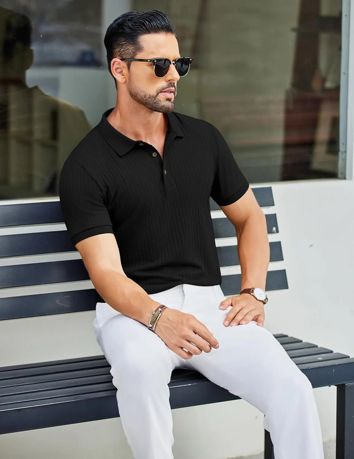 COOFANDY Men's Textured Polo Shirts Short Sleeve Slim Fit Casual Button Polo T-Shirt Summer Collared Golf Shirt