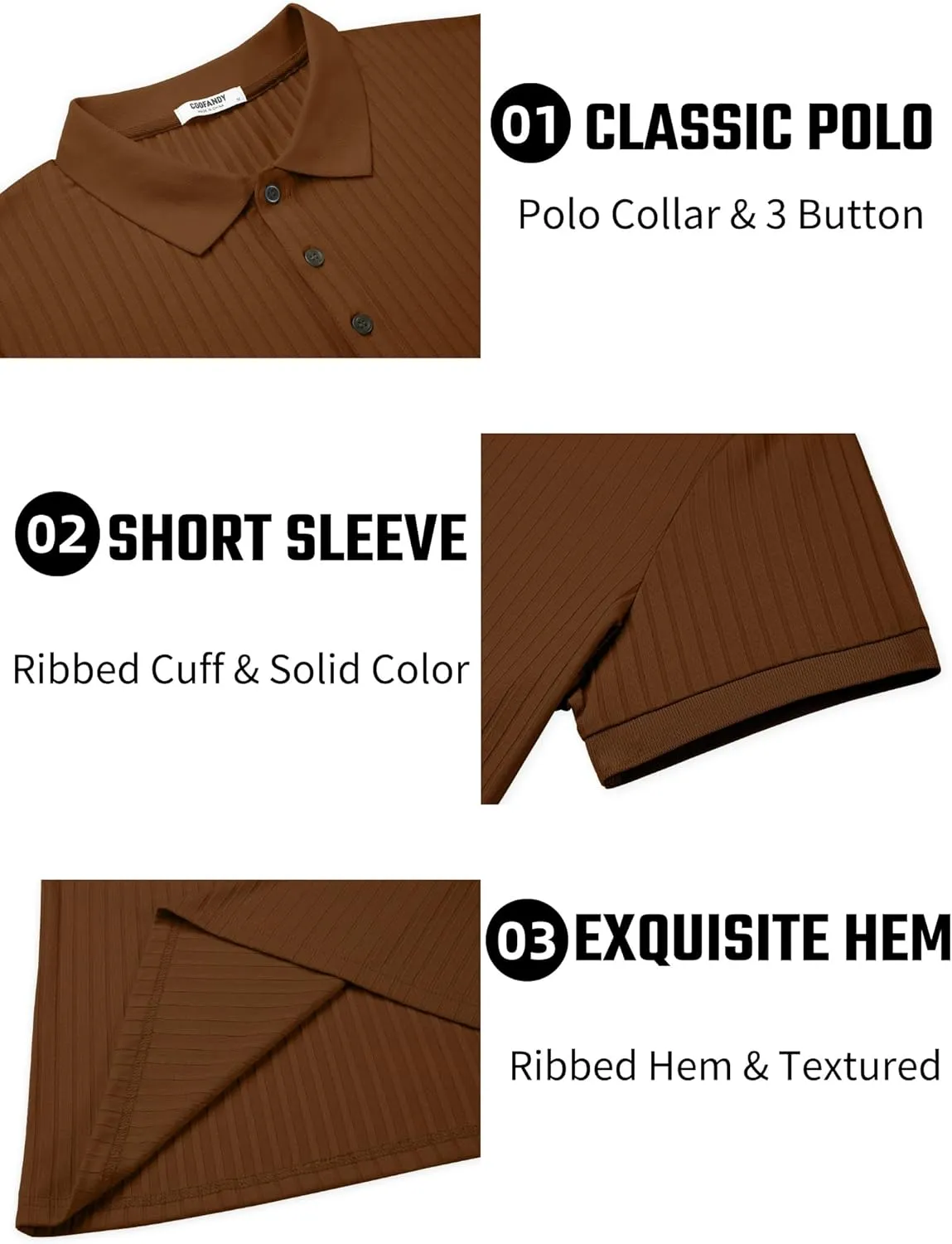 COOFANDY Men's Textured Polo Shirts Short Sleeve Slim Fit Casual Button Polo T-Shirt Summer Collared Golf Shirt