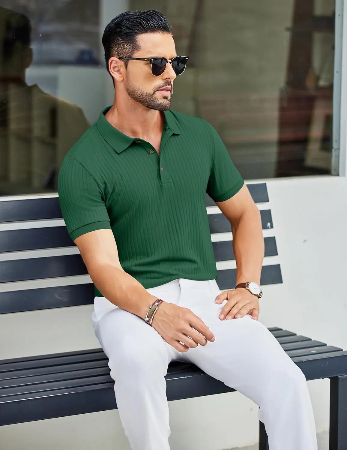 COOFANDY Men's Textured Polo Shirts Short Sleeve Slim Fit Casual Button Polo T-Shirt Summer Collared Golf Shirt