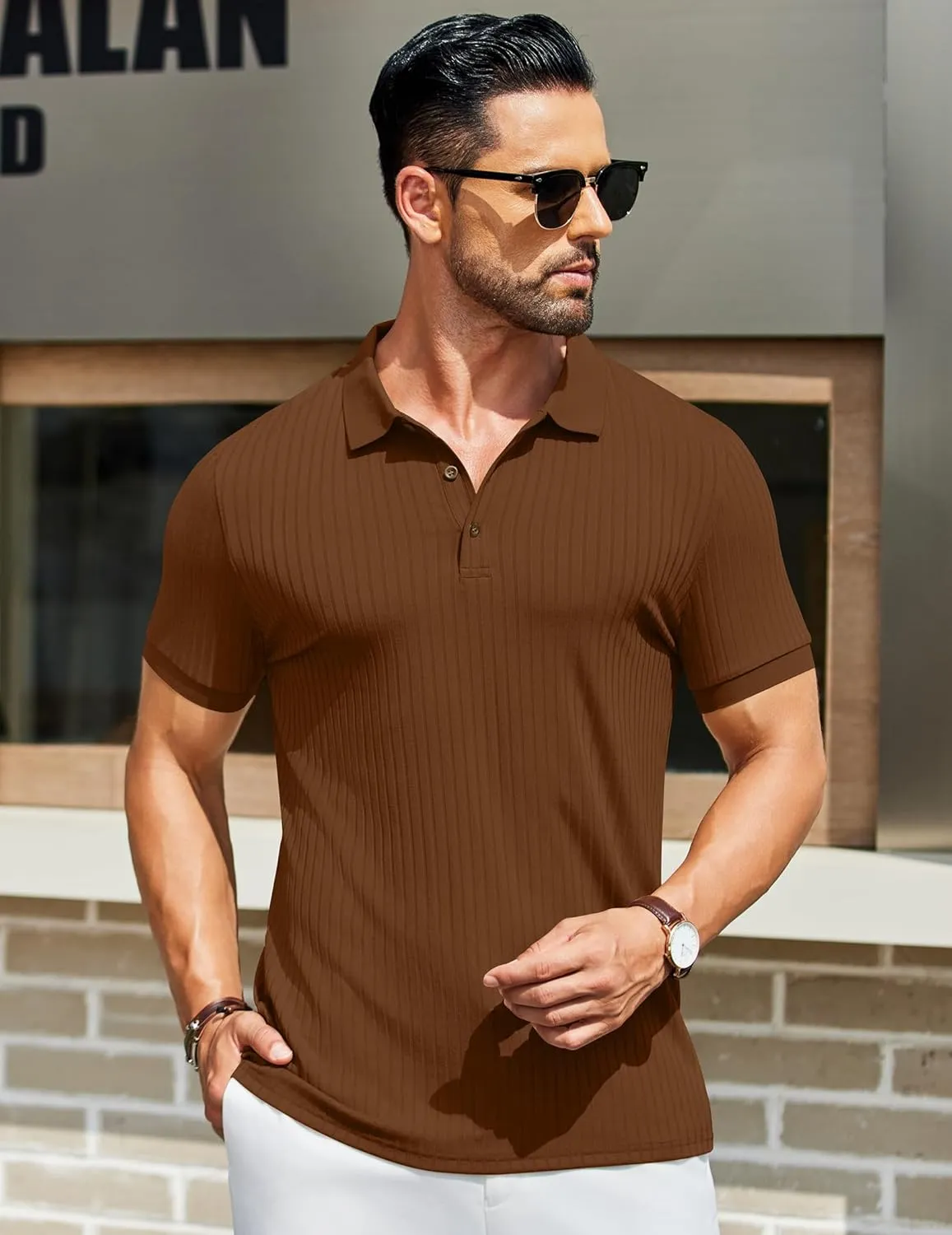 COOFANDY Men's Textured Polo Shirts Short Sleeve Slim Fit Casual Button Polo T-Shirt Summer Collared Golf Shirt
