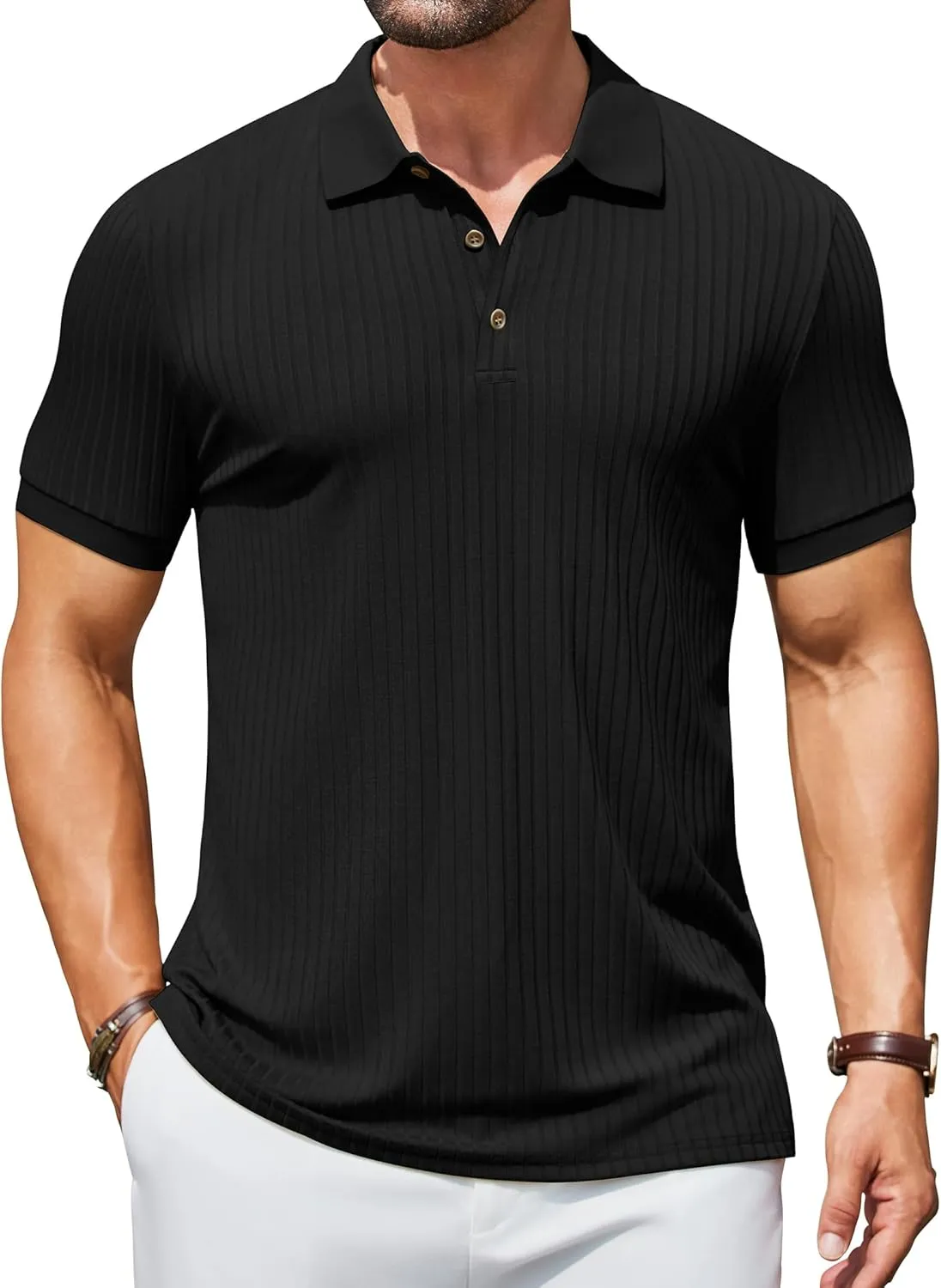 COOFANDY Men's Textured Polo Shirts Short Sleeve Slim Fit Casual Button Polo T-Shirt Summer Collared Golf Shirt