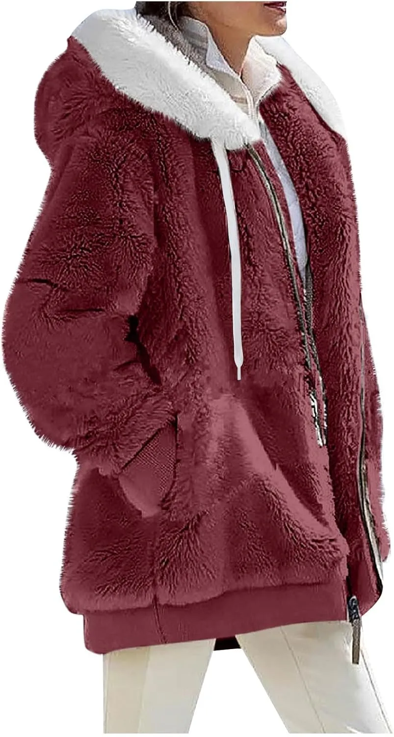 COTECRAM Women's 2023 Winter Warm Sherpa Lined Coat Fashion Plus Size Fleece Jackets Zip Up Hoodies Plush Sweatshirt Outwear