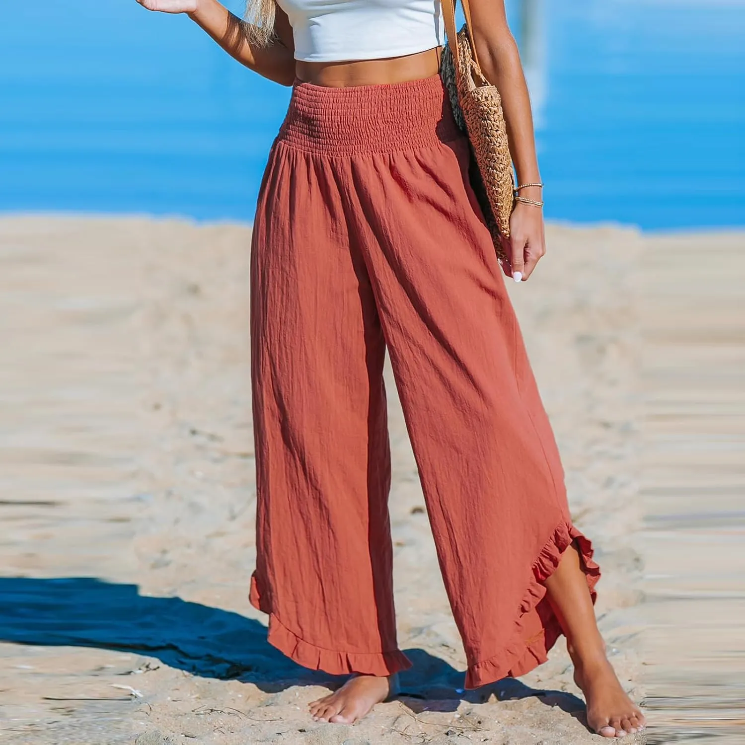 Cotton Linen Wide Leg Pants for Women Summer Casual Beach Stretch Smocked High Waisted Ruffle Hem Palazzo Pants