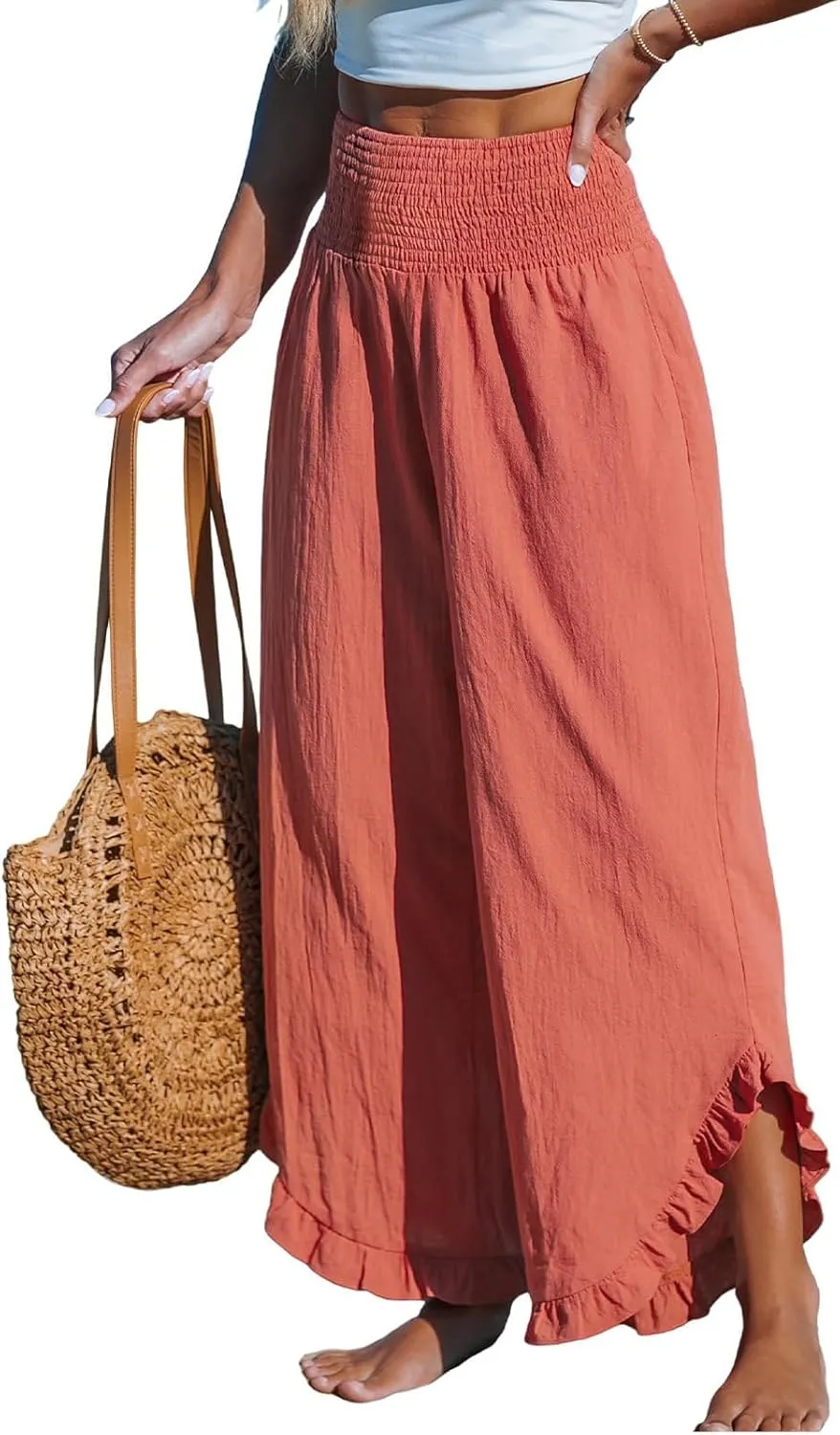 Cotton Linen Wide Leg Pants for Women Summer Casual Beach Stretch Smocked High Waisted Ruffle Hem Palazzo Pants