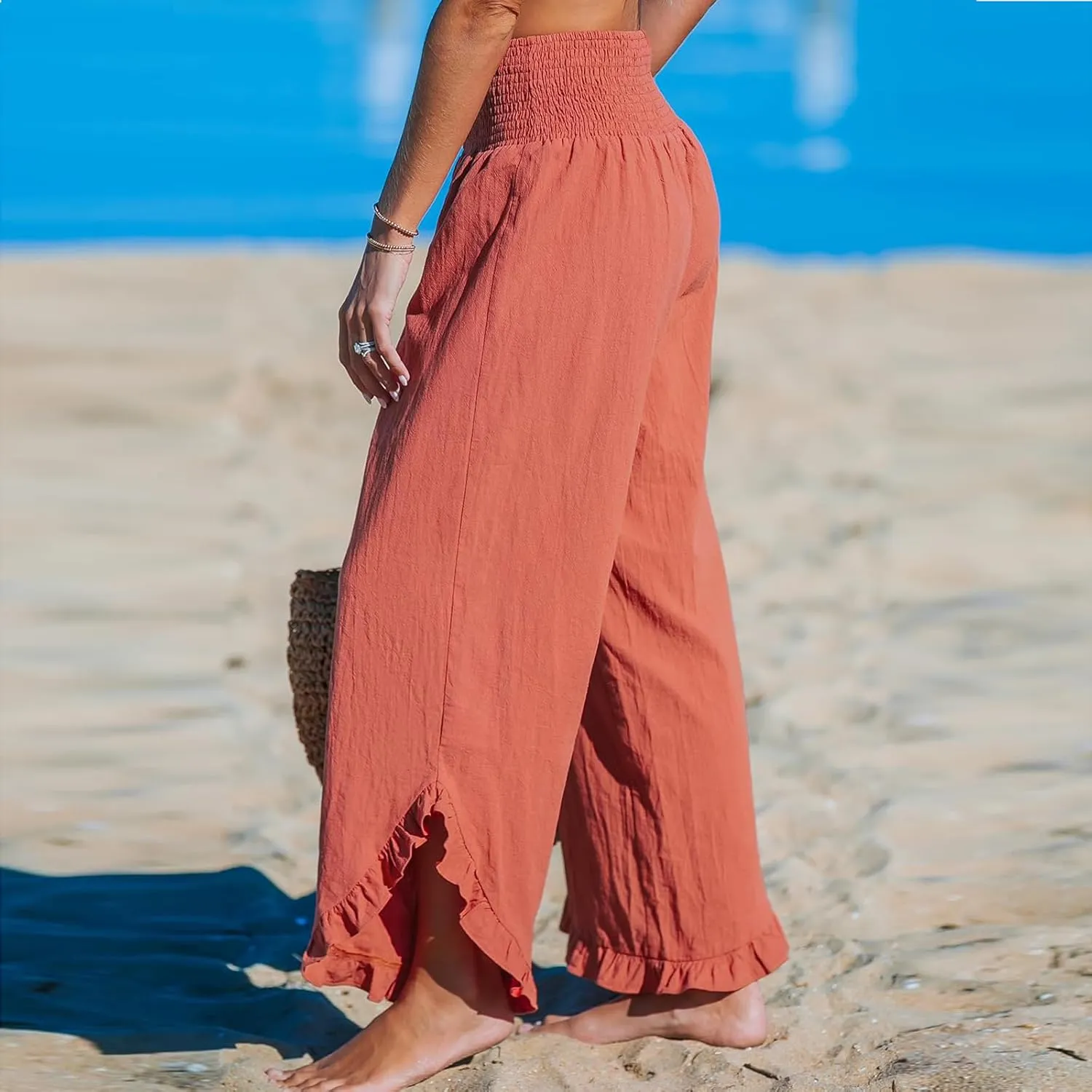 Cotton Linen Wide Leg Pants for Women Summer Casual Beach Stretch Smocked High Waisted Ruffle Hem Palazzo Pants
