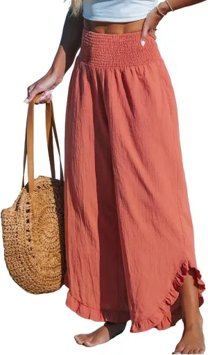 Cotton Linen Wide Leg Pants for Women Summer Casual Beach Stretch Smocked High Waisted Ruffle Hem Palazzo Pants