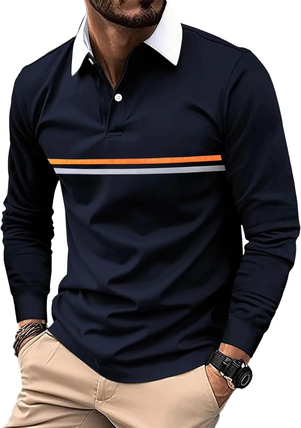 DEEX Men's Long Sleeve Polo Shirts 2025 Fashion Casual Polo T Shirt Slim Fit Shirt Collared Office Work Golf Shirt