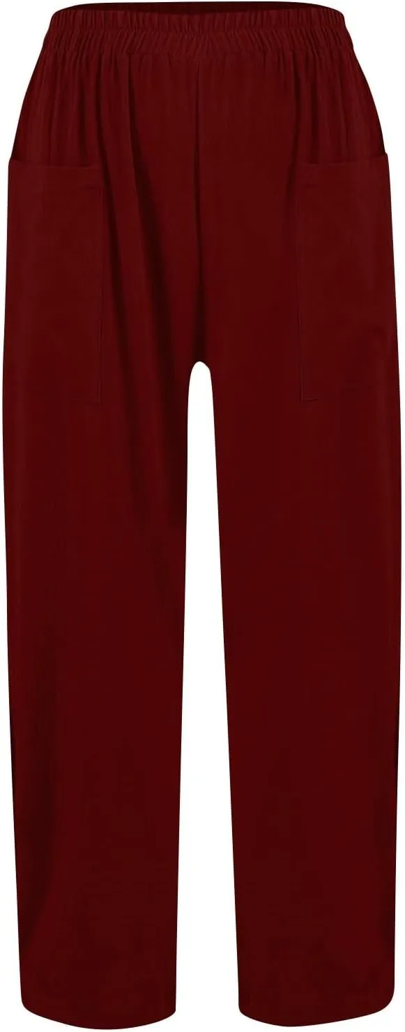 fanmpghleoo Linen Pants Women Casual Elastic Waist Wide Leg Linen Pants for Women Baggy Lightweight Lounge Pants with Pockets
