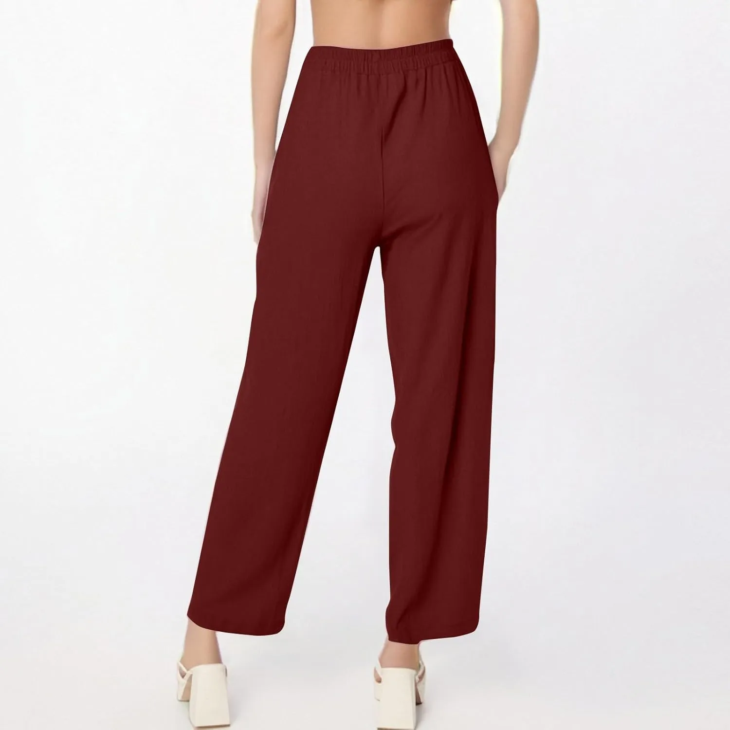 fanmpghleoo Linen Pants Women Casual Elastic Waist Wide Leg Linen Pants for Women Baggy Lightweight Lounge Pants with Pockets