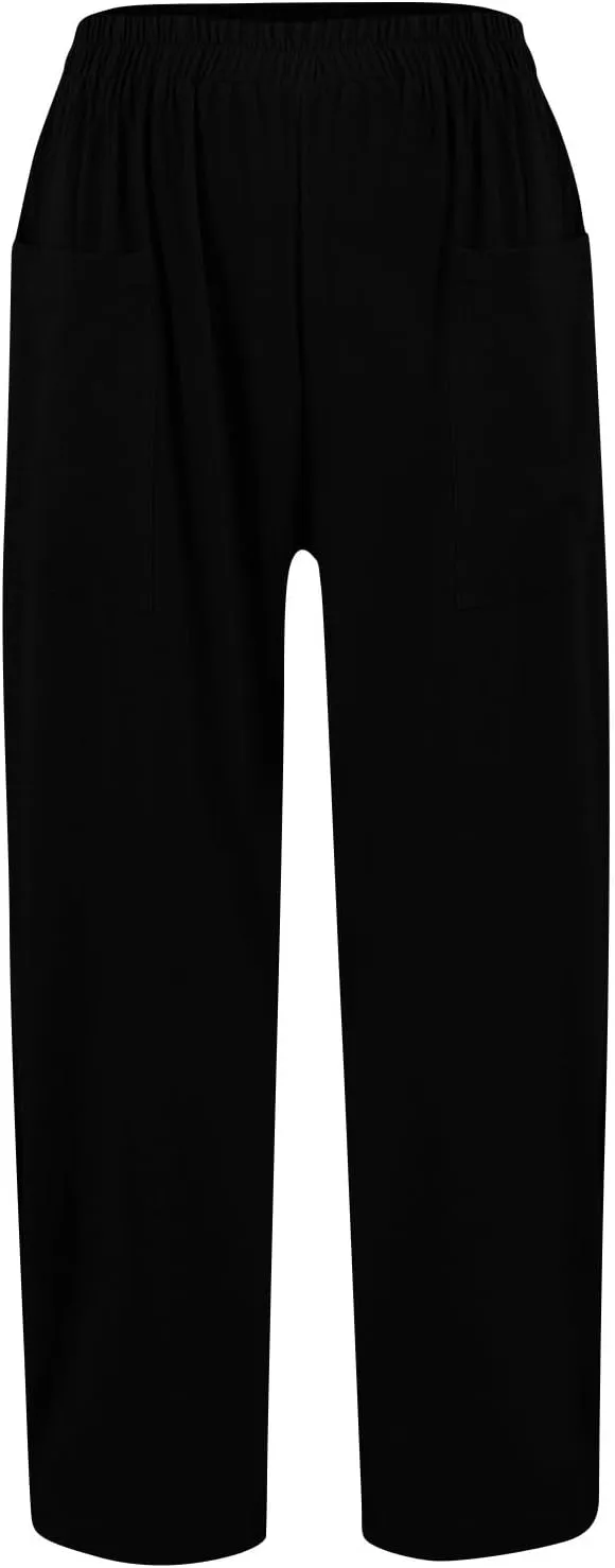 fanmpghleoo Wide Leg Linen Pants for Women Casual Elastic High Waisted Linen Pants Women Summer Linen Trousers with Pockets