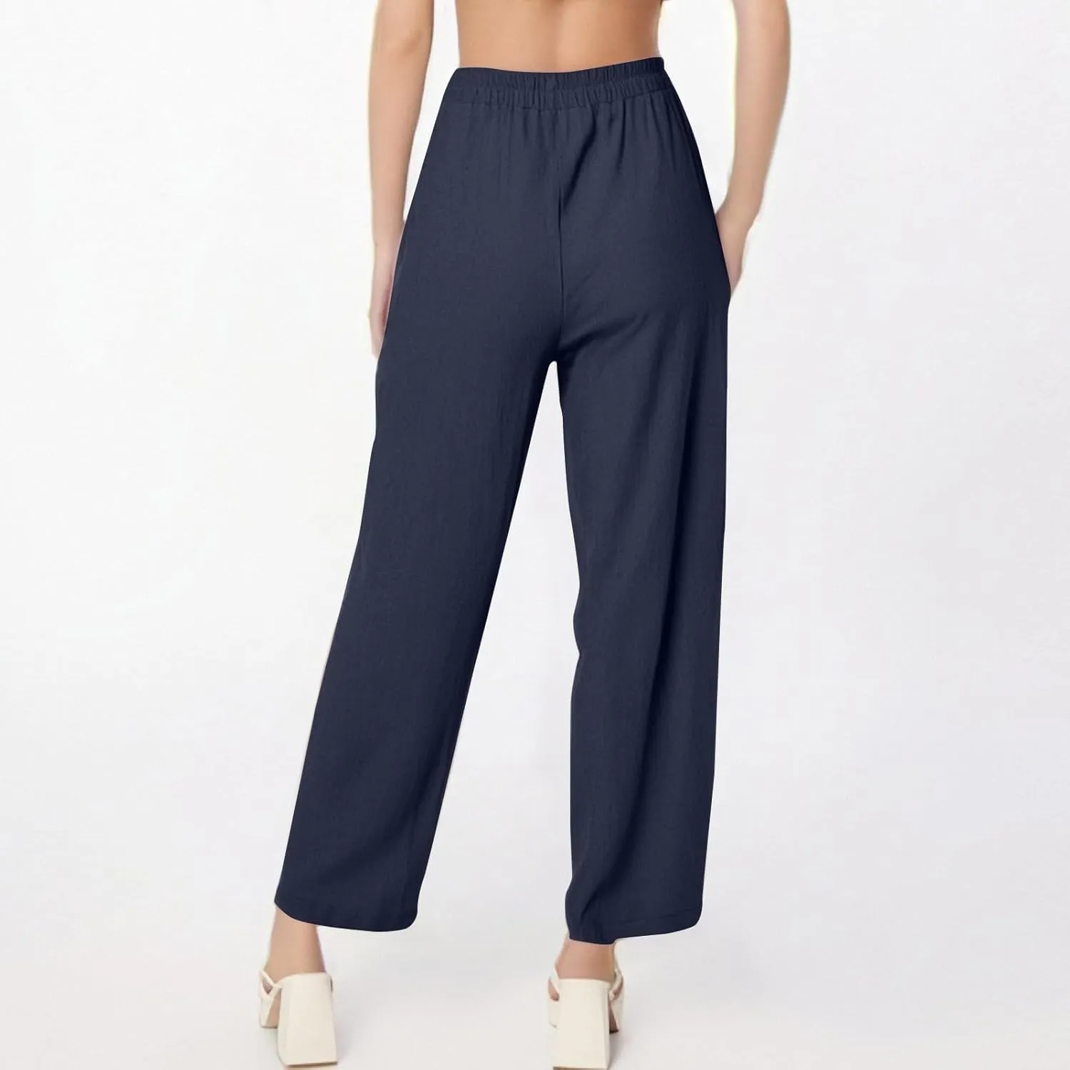 fanmpghleoo Wide Leg Linen Pants for Women Casual Elastic High Waisted Linen Pants Women Summer Linen Trousers with Pockets