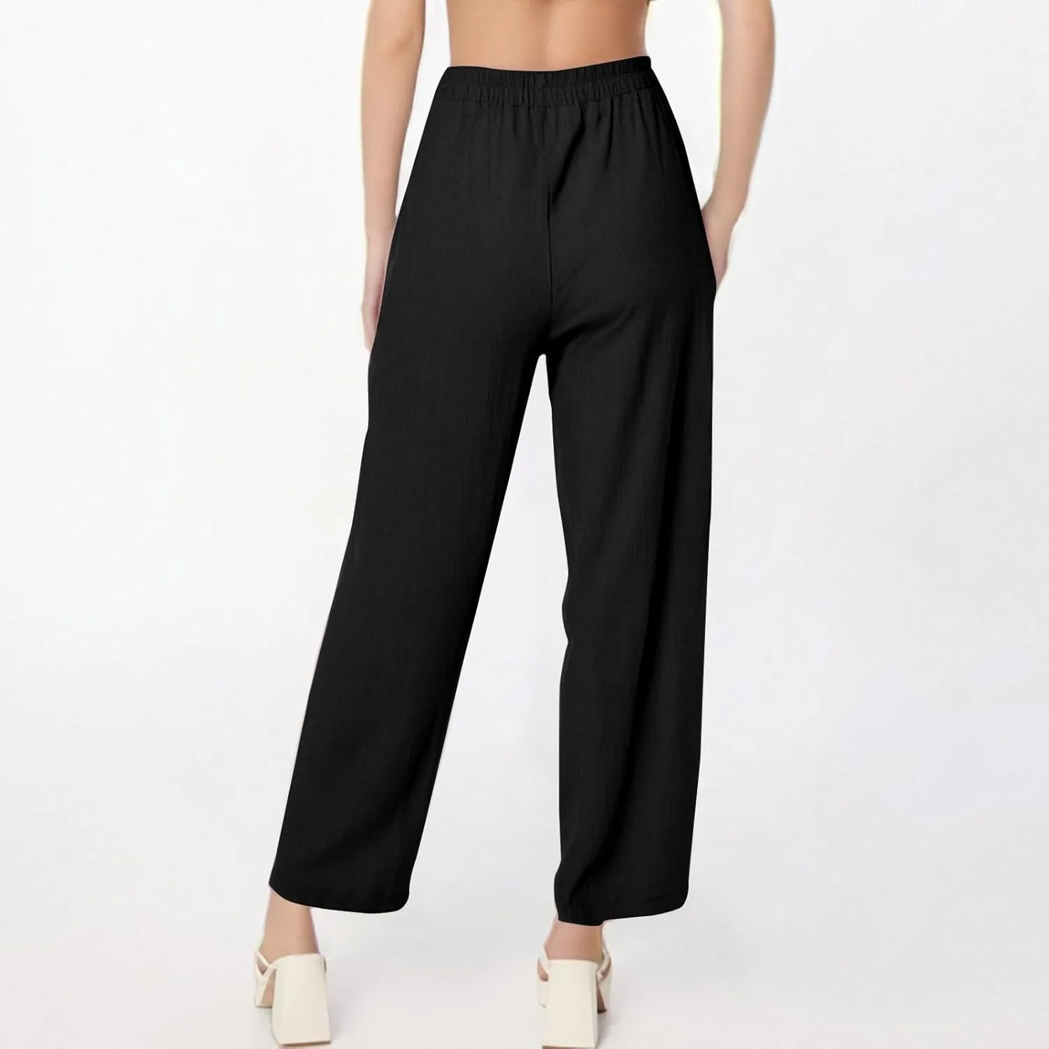 fanmpghleoo Wide Leg Linen Pants for Women Casual Elastic High Waisted Linen Pants Women Summer Linen Trousers with Pockets