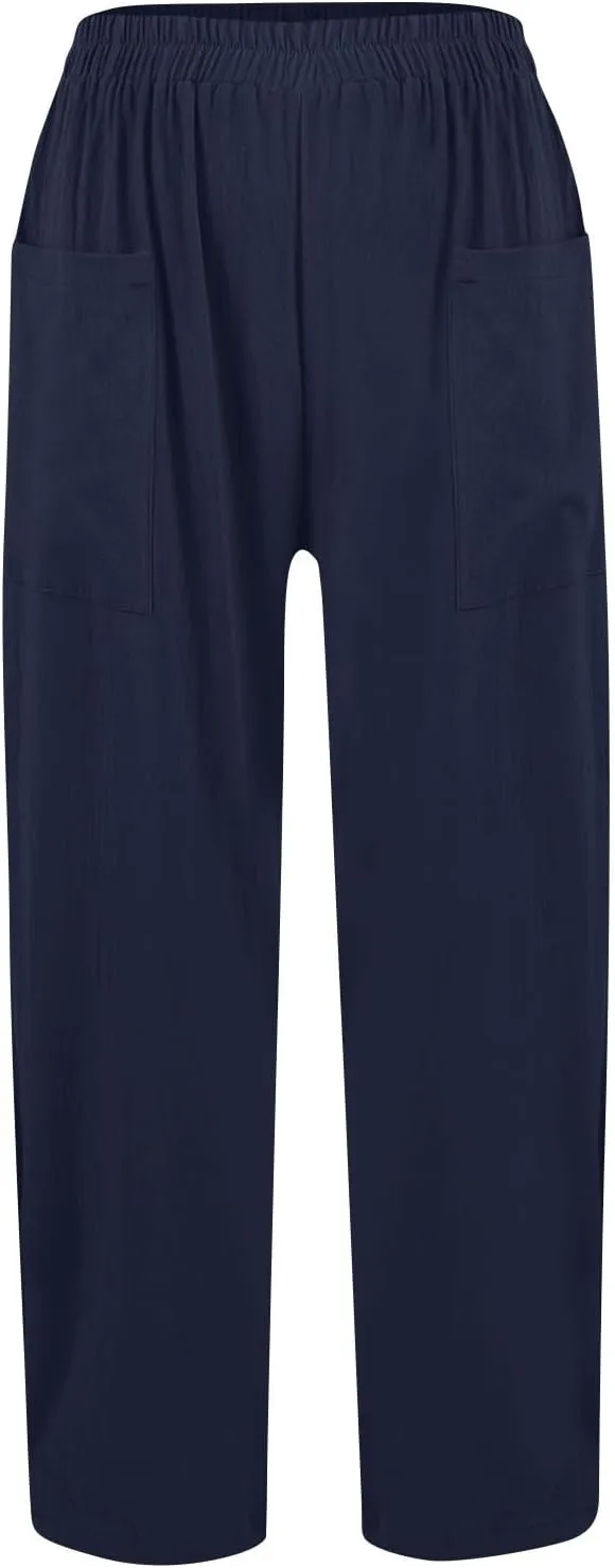 fanmpghleoo Wide Leg Linen Pants for Women Casual Elastic High Waisted Linen Pants Women Summer Linen Trousers with Pockets