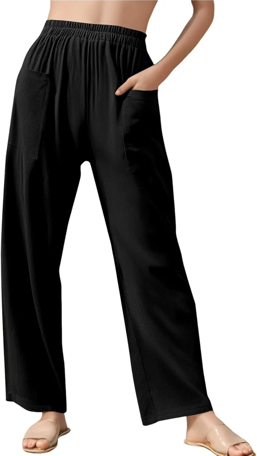 fanmpghleoo Wide Leg Linen Pants for Women Casual Elastic High Waisted Linen Pants Women Summer Linen Trousers with Pockets