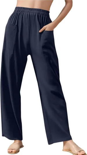 fanmpghleoo Wide Leg Linen Pants for Women Casual Elastic High Waisted Linen Pants Women Summer Linen Trousers with Pockets