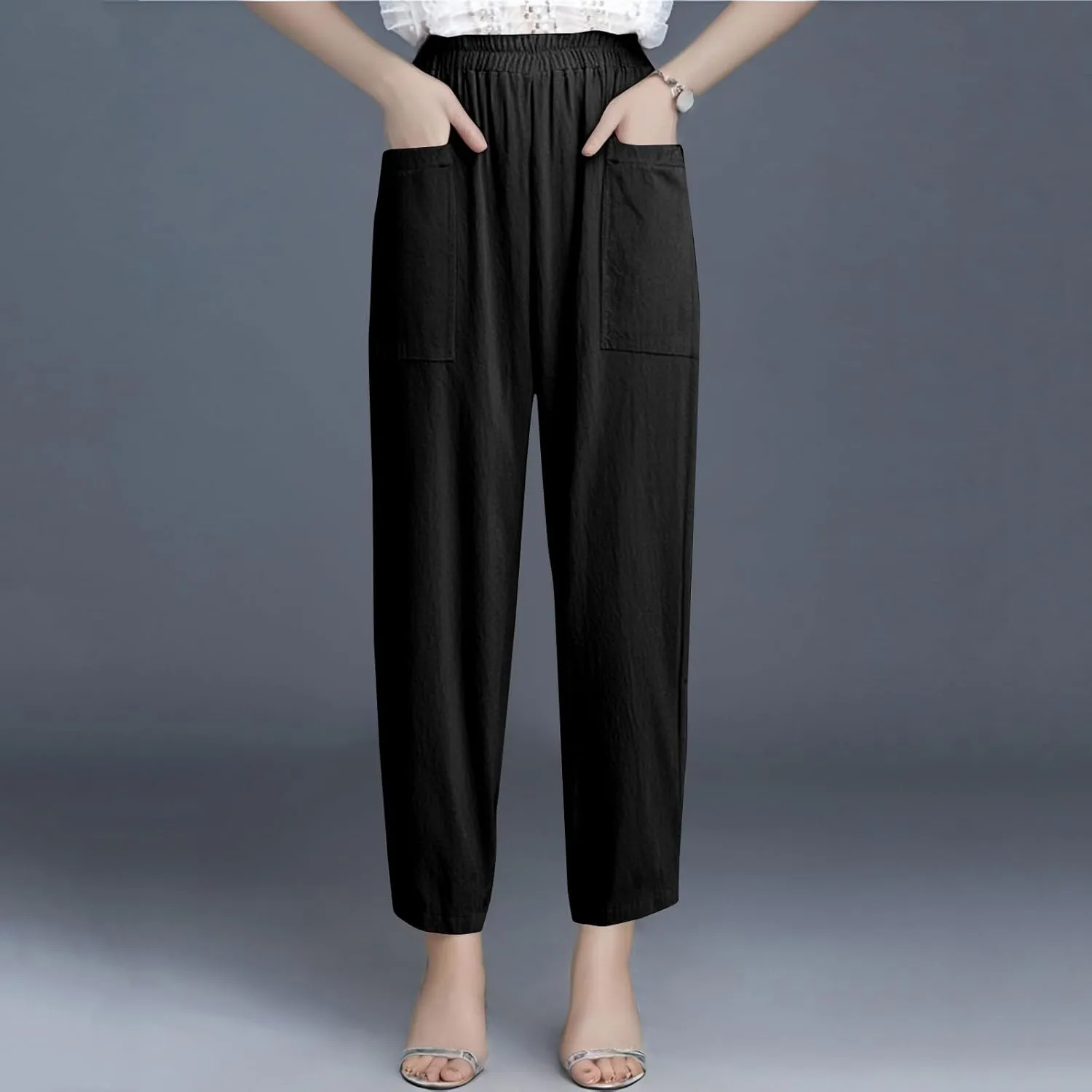 fanmpghleoo Wide Leg Linen Pants for Women Casual Elastic High Waisted Linen Pants Women Summer Linen Trousers with Pockets