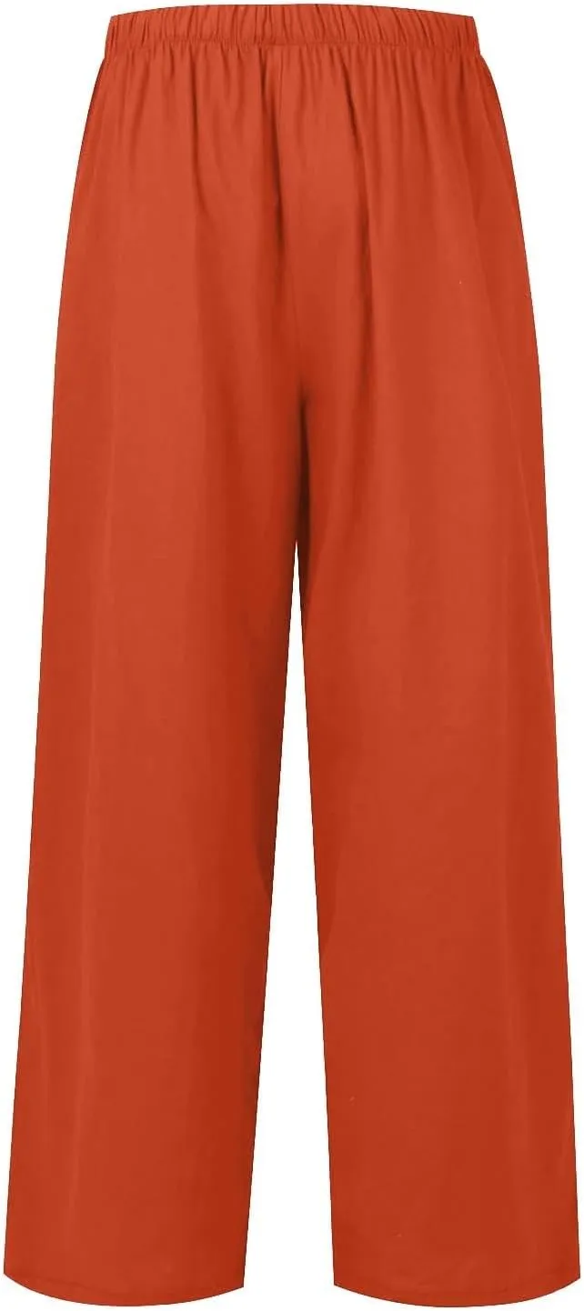 Flowy Linen Pants Women Summer Casual Loose Boho Beach Pants Drawstring High Waisted Palazzo Pants Beach Trousers