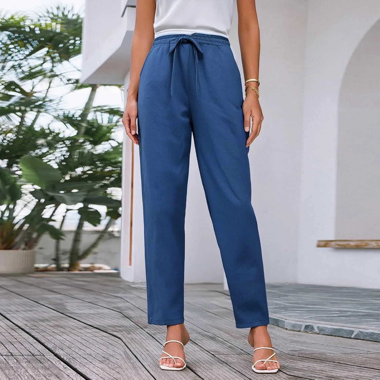 High Waisted Linen Pants Women Straight Leg Summer Trousers, Cotton Pants for Women Lounge Cotton Workout