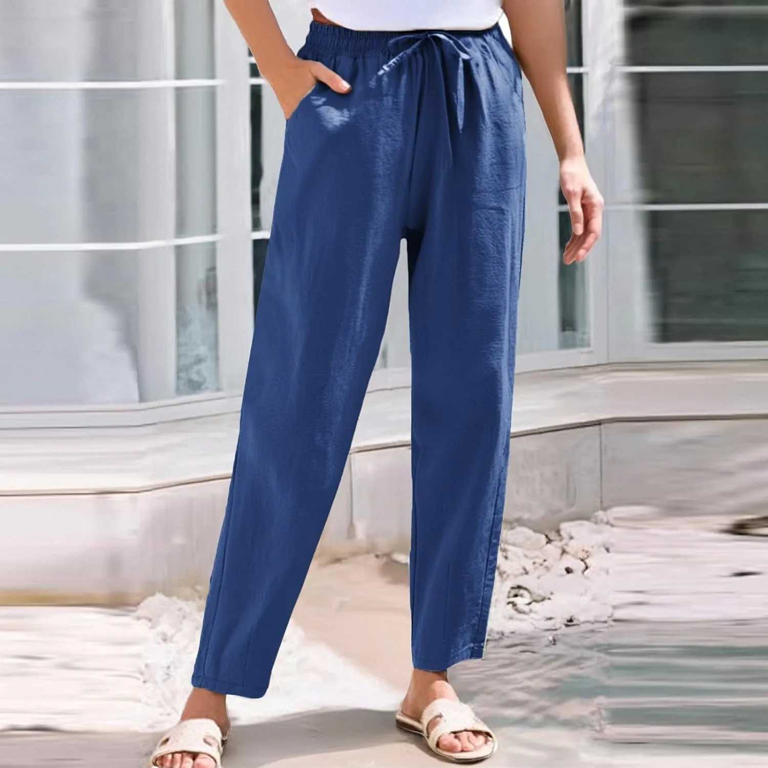 High Waisted Linen Pants Women Straight Leg Summer Trousers, Cotton Pants for Women Lounge Cotton Workout