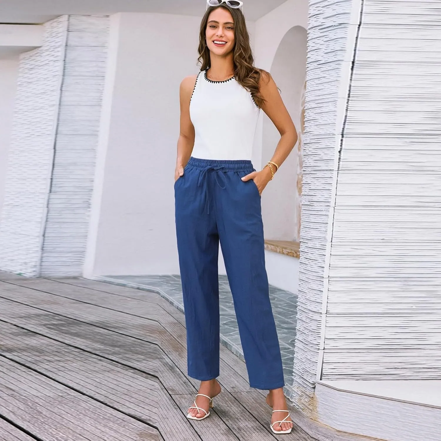 High Waisted Linen Pants Women Straight Leg Summer Trousers, Cotton Pants for Women Lounge Cotton Workout