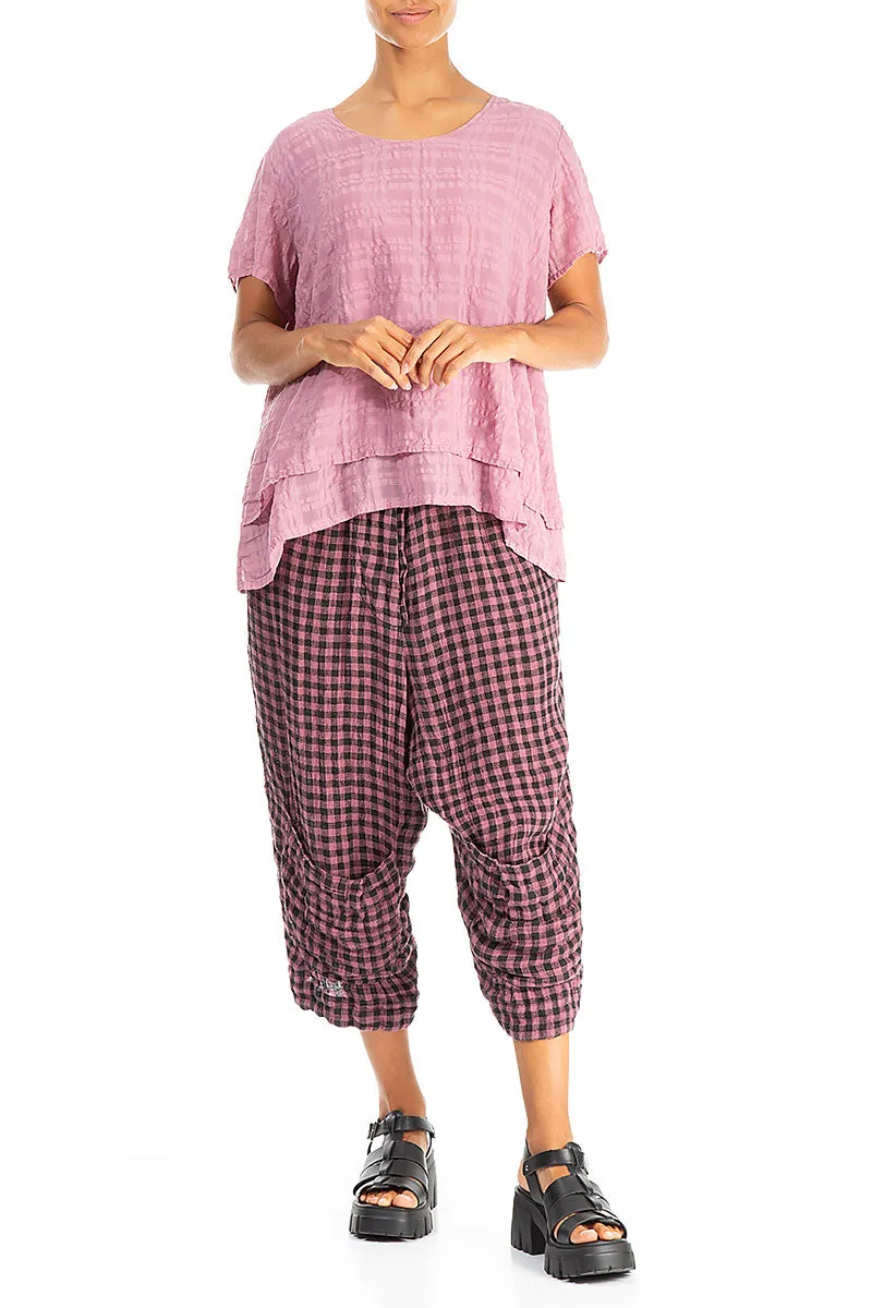 Layered Mauve Taupe Checkered Silk Cotton Blouse