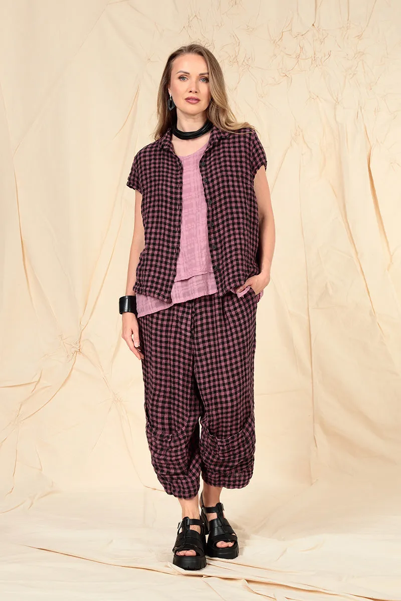 Layered Mauve Taupe Checkered Silk Cotton Blouse