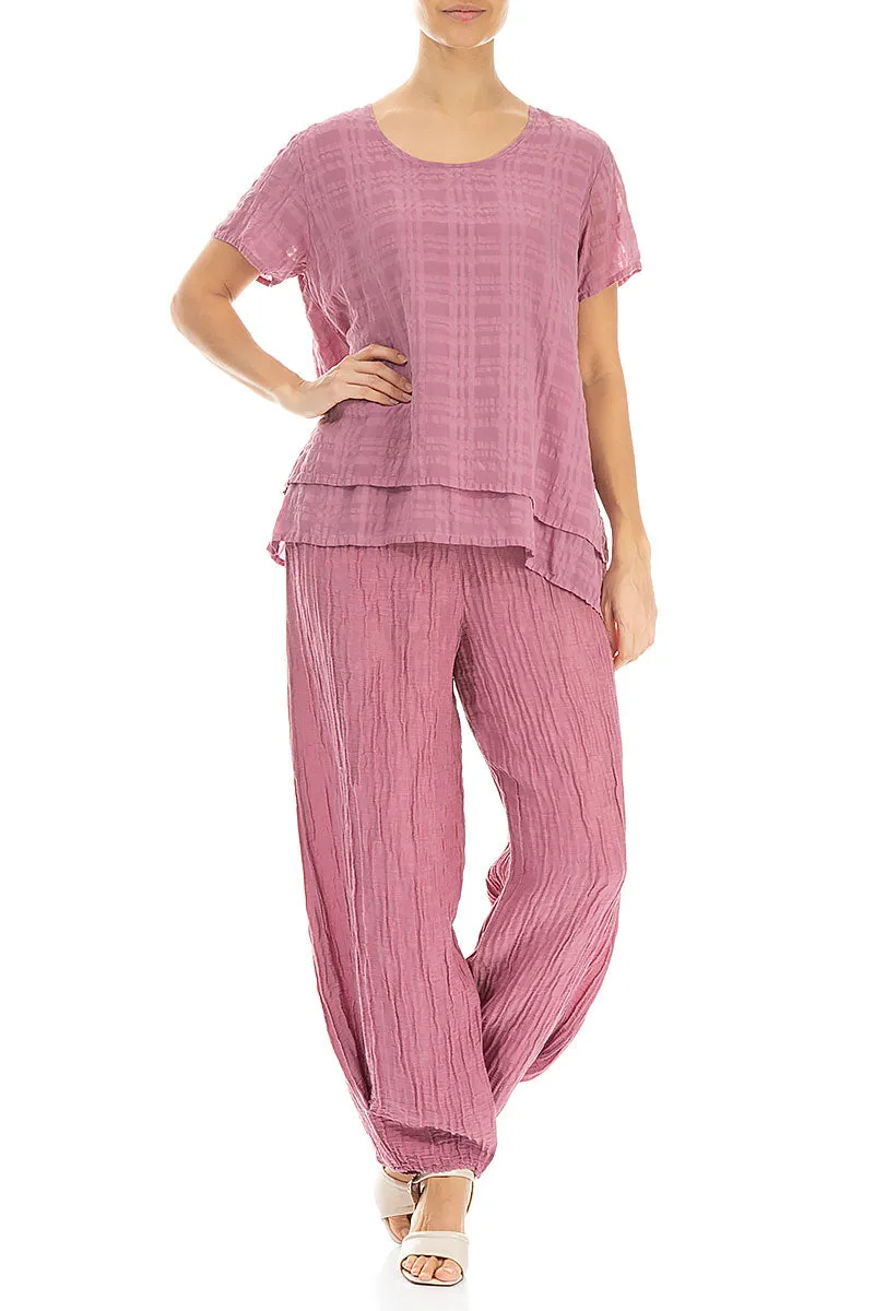 Layered Mauve Taupe Checkered Silk Cotton Blouse