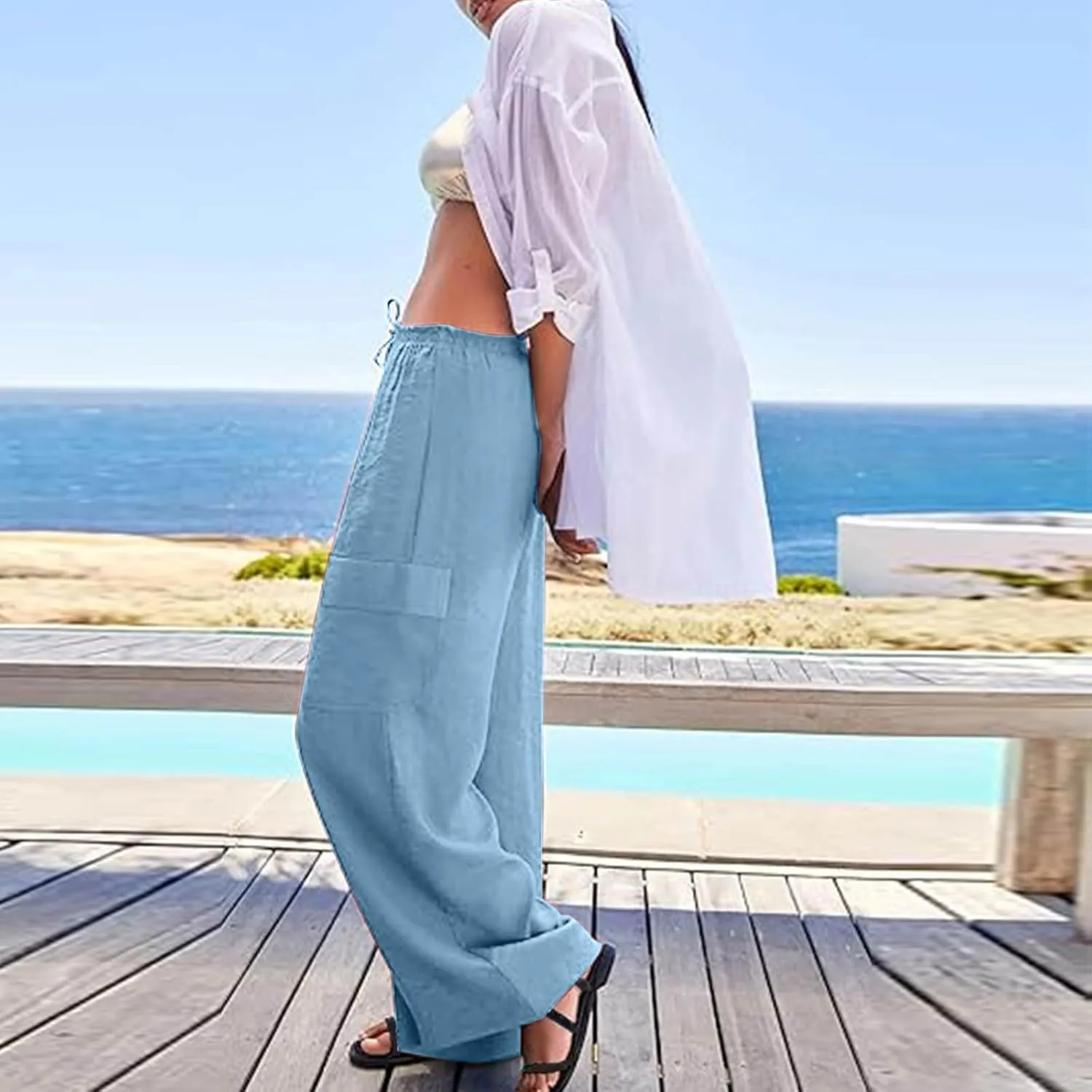 Linen Cargo Pants Women Lightweight Business Casual Summer Pants Comfy Cotton Work Trousers Baggy Slacks with Pockets