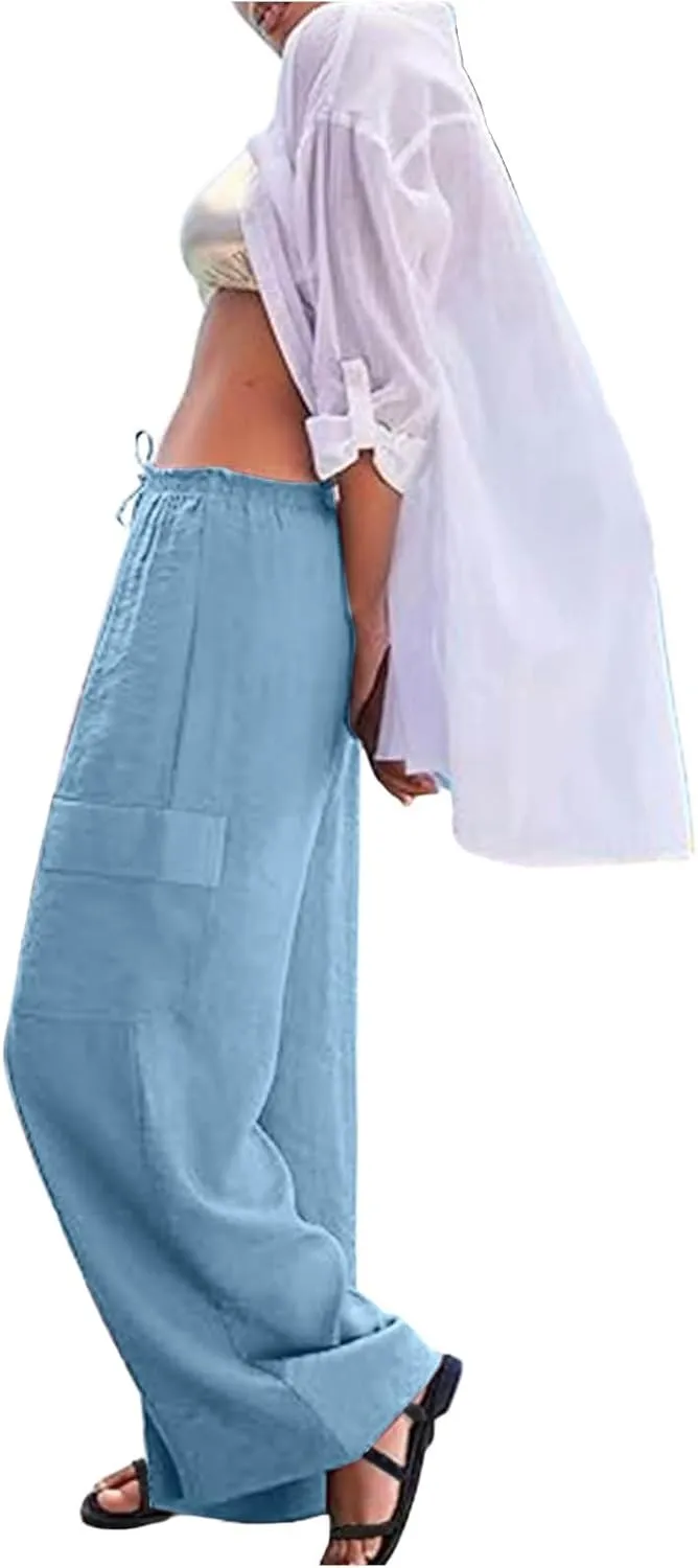 Linen Cargo Pants Women Lightweight Business Casual Summer Pants Comfy Cotton Work Trousers Baggy Slacks with Pockets