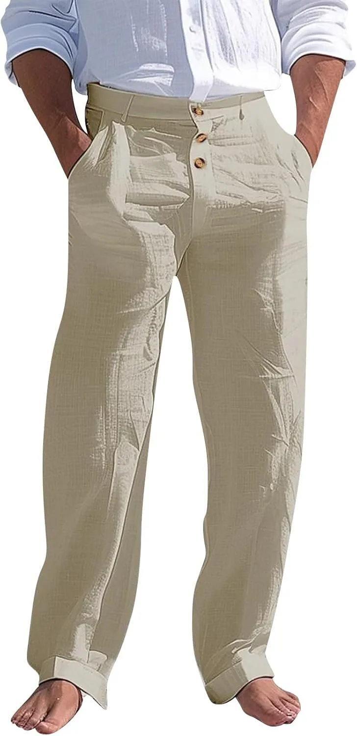 Linen Casual Dress Pants for Men High Waist Button Fly Straight Leg Trendy Formal Work Trousers Loose Beach Travel Pants