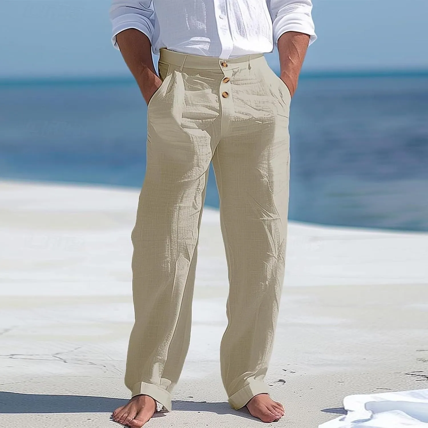 Linen Casual Dress Pants for Men High Waist Button Fly Straight Leg Trendy Formal Work Trousers Loose Beach Travel Pants