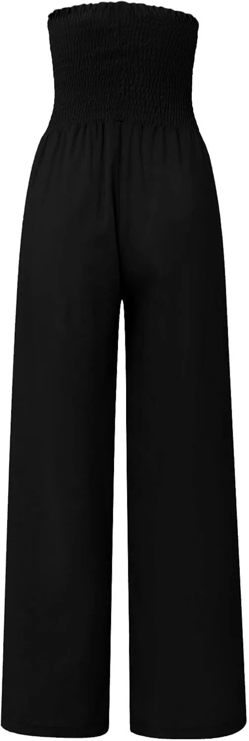 Linen Wide Leg Pants for Women Summer Flowy Boho Palazzo Pants Smocked High Waisted Loose Beach Pants with Pockets