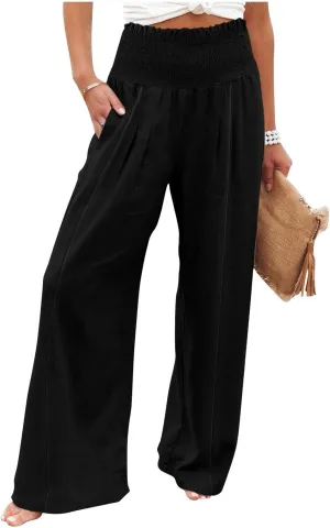 Linen Wide Leg Pants for Women Summer Flowy Boho Palazzo Pants Smocked High Waisted Loose Beach Pants with Pockets