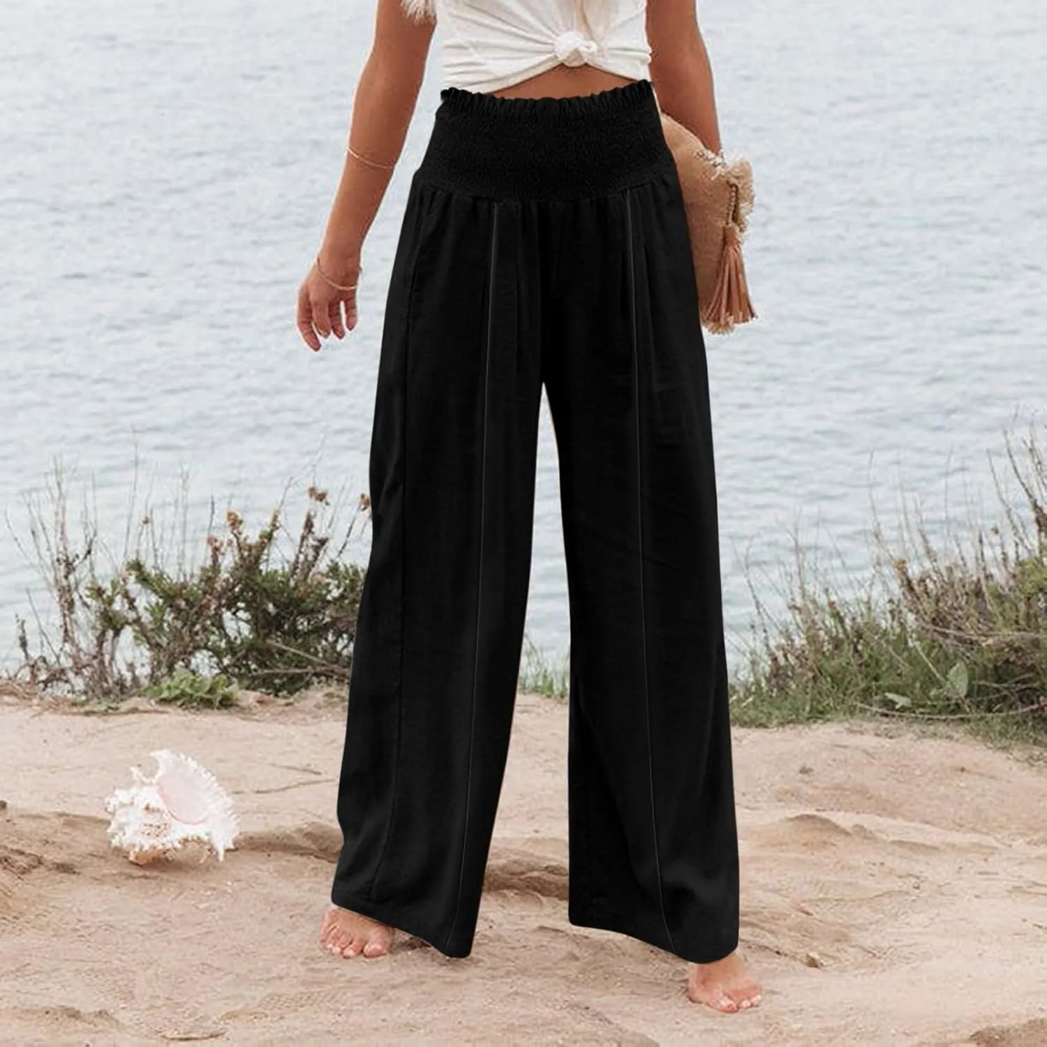 Linen Wide Leg Pants for Women Summer Flowy Boho Palazzo Pants Smocked High Waisted Loose Beach Pants with Pockets